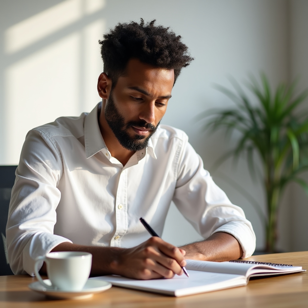 Tägliche Finanzplanung mit Notizbuch und Tasse Kaffee